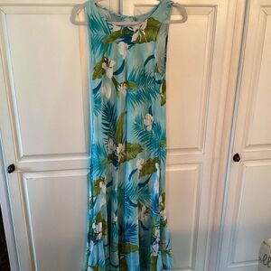 Two Palms Hawaiian Midi Dress Sz L Palm Floral Print Blue Green